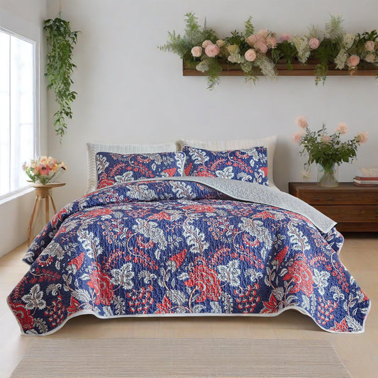 WHWODIDE Boho Floral Quilt Set King Size, Lightweight Microfiber Bedspread Coverlet, Soft All Season Bedding with 2 Pillow Shams, Vintage Dark Blue Botanical Flower Pattern (New-Dark Blue, King)