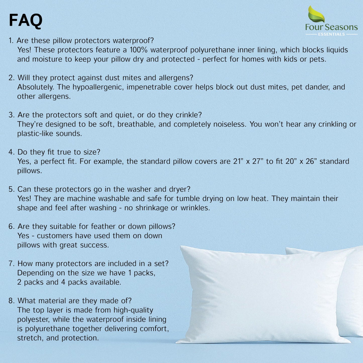 Queen Size Waterproof Pillow Protectors (Set of 2) – Zippered Hypoallergenic Pillowcase Cover Allergen Dust Proof Encasement