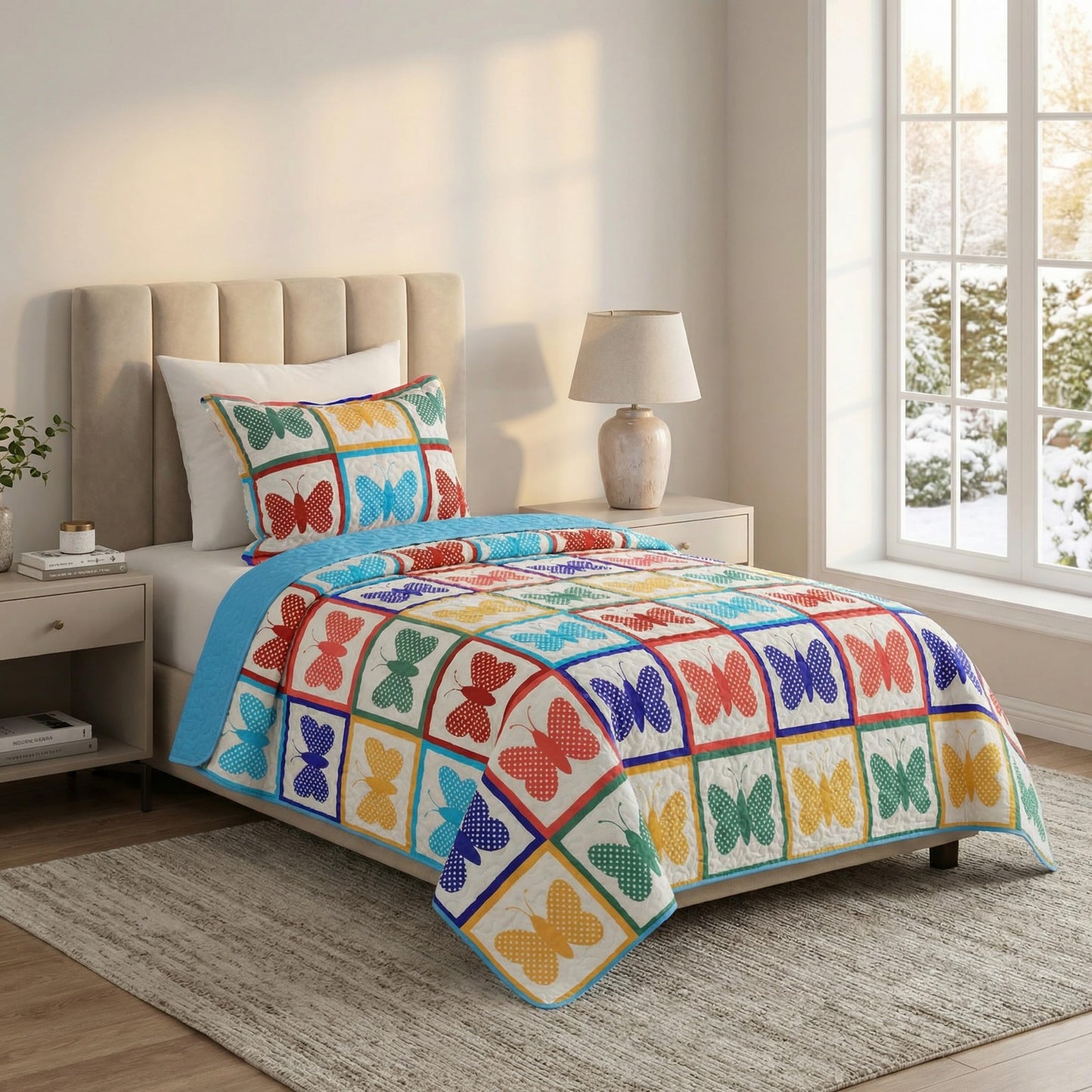 Lavish Home 2-Piece Twin Quilt Set - Twin Bedspread and Pillow Sham with Colorful Butterfly Pattern - Lightweight Quilt Bedding Set for All Seasons - Soft Microfiber Coverlet (Multicolor)