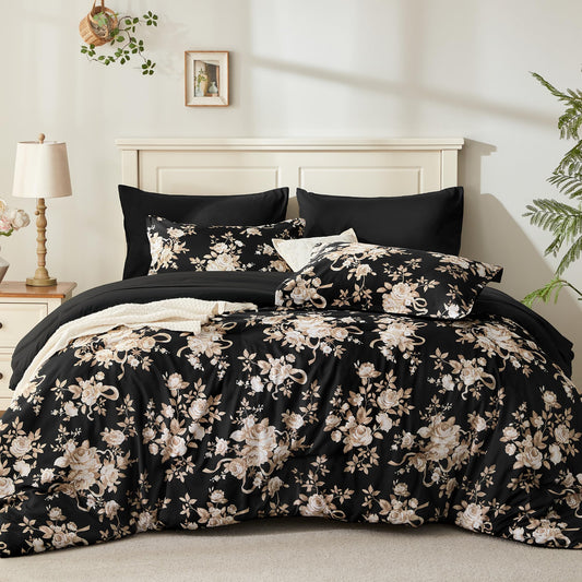 Andency Floral Comforter Set Queen Size, 7 Pieces Black Flower Lightweight Bedding Set for All Seasons, Soft Vintage Bed in a Bag with Comforter, Sheets, Pillowcases & Shams
