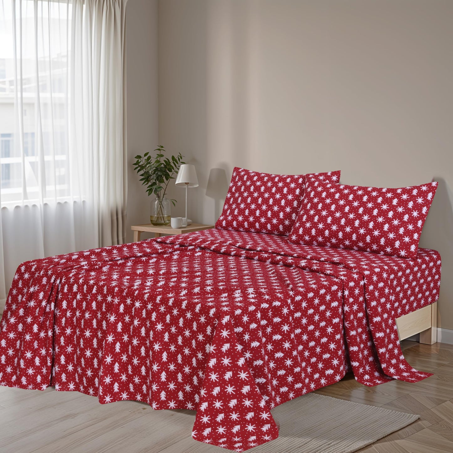 RUVANTI Flannel Sheets Queen Size - 100% Cotton Double Brushed Bed Sheets, Deep Pockets 16 Inches Queen Sheet Set, All Seasons Breathable & Extra Soft - Warm & Cozy, 4 Piece, Red Christmas
