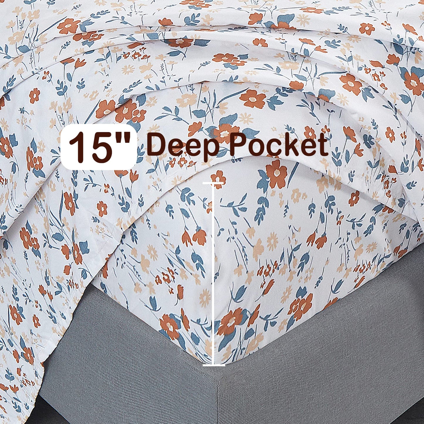 Softan Floral Twin Size Sheet Set, Orange Flower Printed Bed Sheets for Girls, 3-Piece Microfiber Single Fitted Sheet with 15" Deep Pocket & Non-Slip Straps, Patterned Bedding Sheets & Pillowcase Set