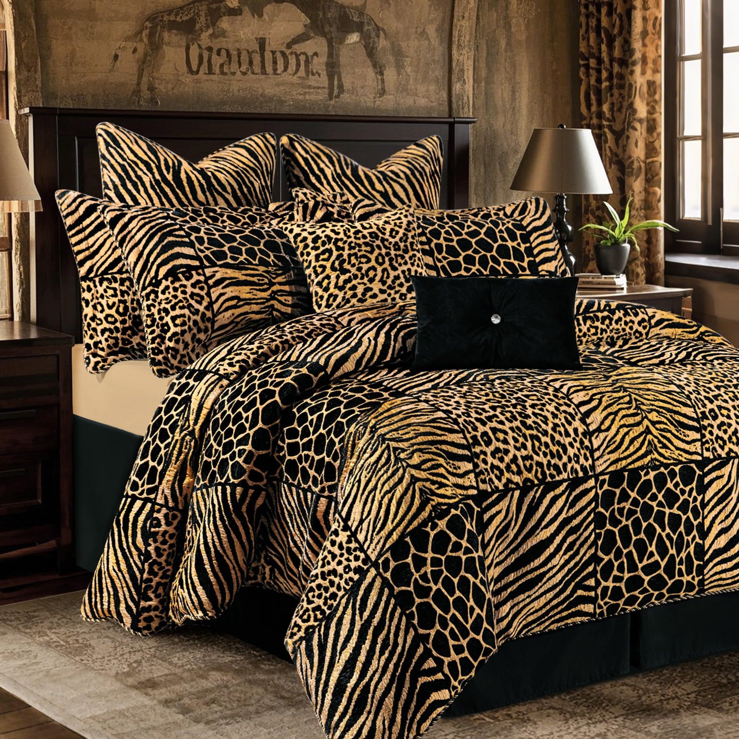 Loom and Mill 8-Piece Safari Comforter Set King Size, Leopard, Tiger, Giraffe, Zebra Animal Print Bedding Set, Patchwork Comforter with Bed Skirt, Euro Shams and Decorative Pillow(Black Gold, King)