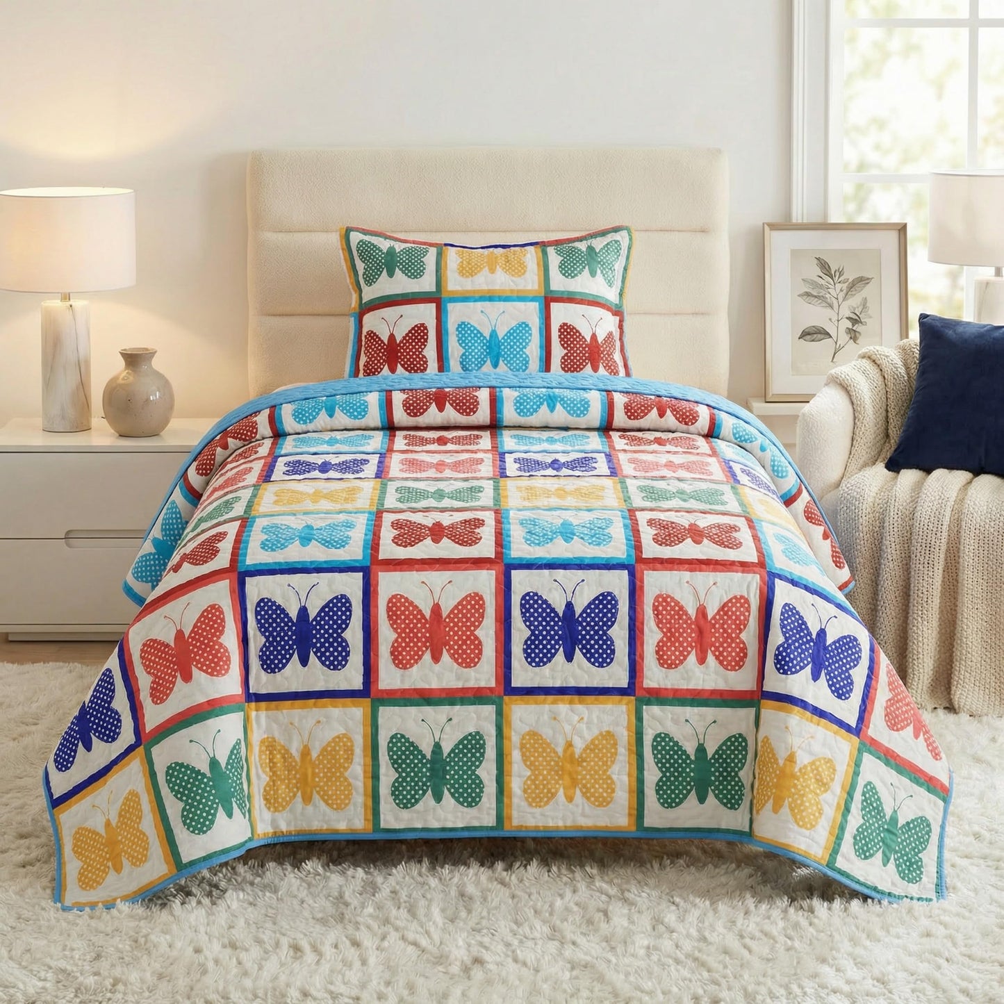 Lavish Home 2-Piece Twin Quilt Set - Twin Bedspread and Pillow Sham with Colorful Butterfly Pattern - Lightweight Quilt Bedding Set for All Seasons - Soft Microfiber Coverlet (Multicolor)