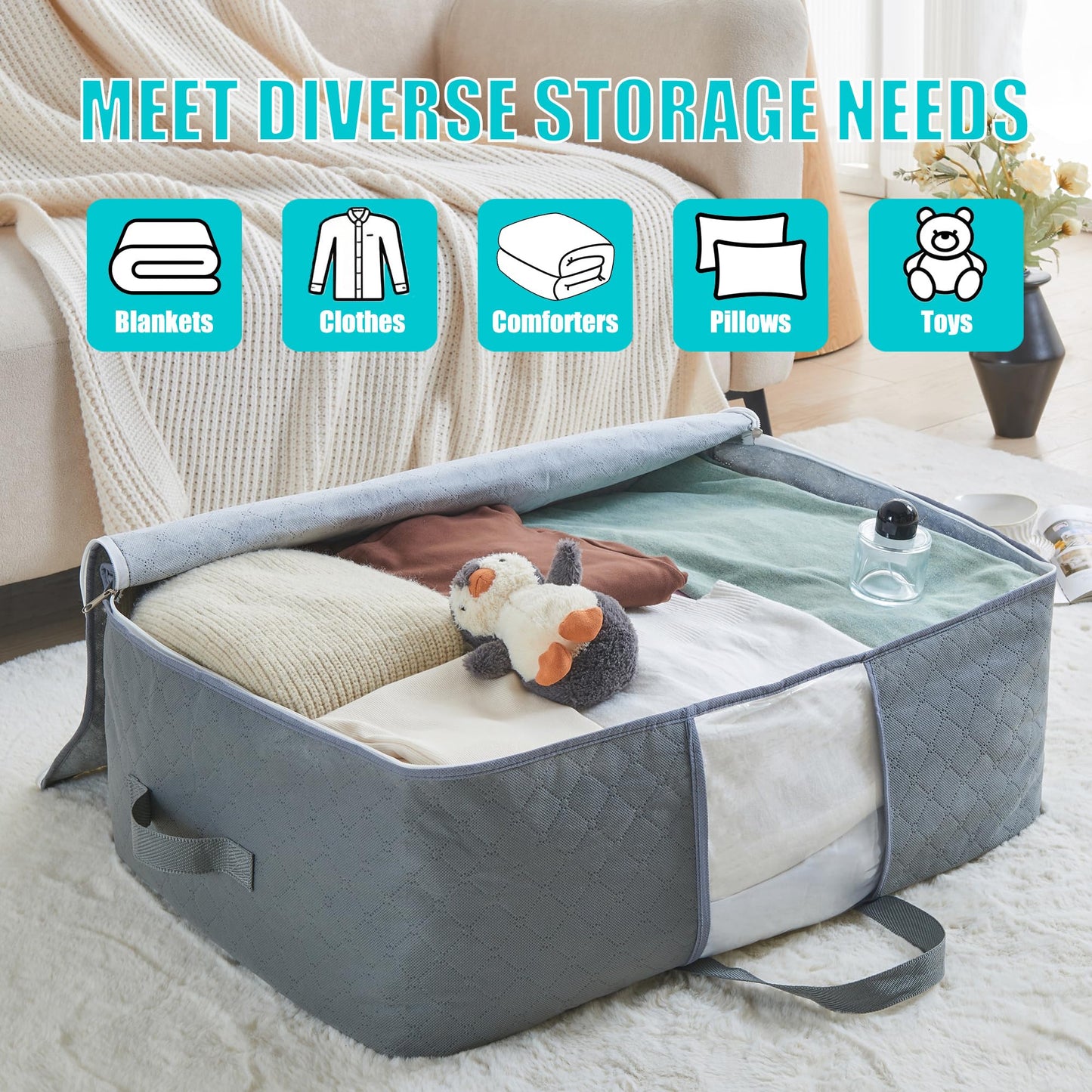 105L Extra Large Storage Bags for Blankets, King Comforters, Bedding, Clothes, Pillows, Sheets - Closet Organizers and Storage with 4 Handles & Clear Window, Foldable & Breathable (Grey, 6pack)
