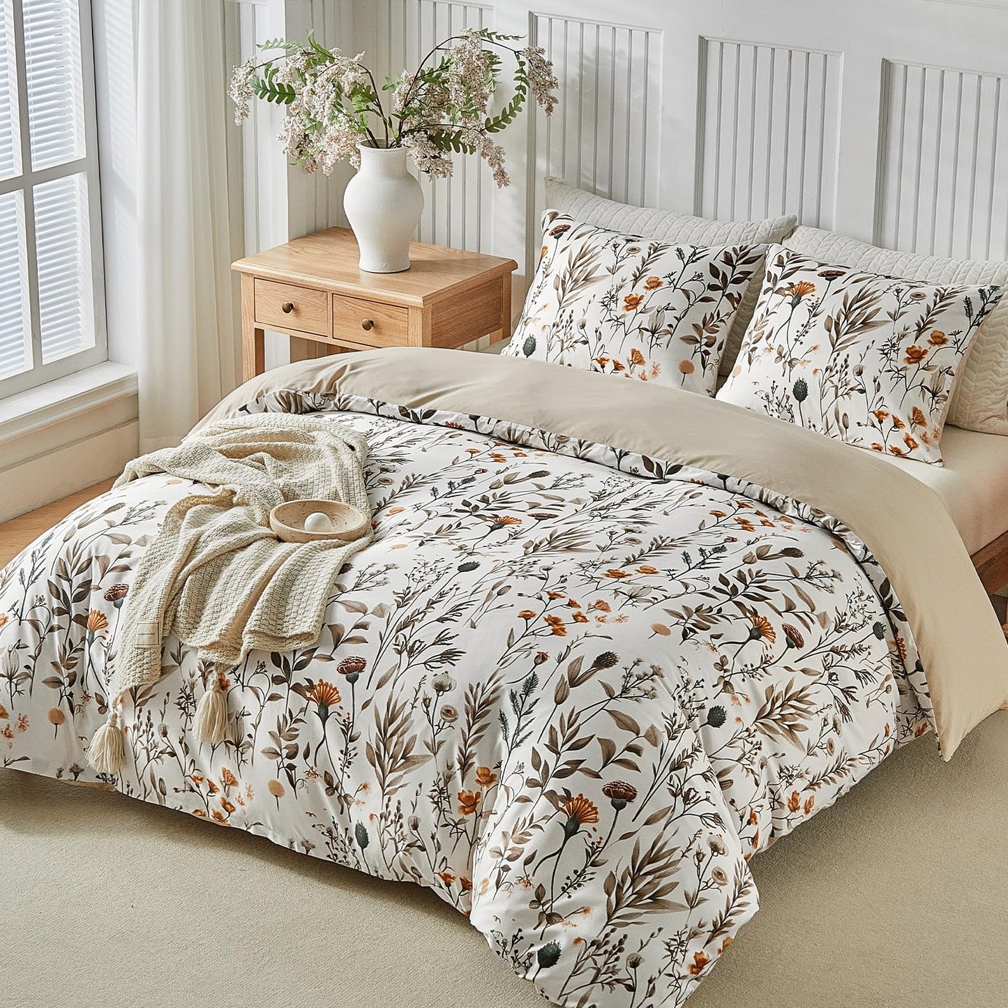 Lekesky King Size Duvet Cover Set, Lightweight Soft Microfiber Comforter Cover，Reversible Duvet Cover King with Branch Pattern, 3 Pieces Khaki Bedding Set with Zipper and 2 Pillowcases