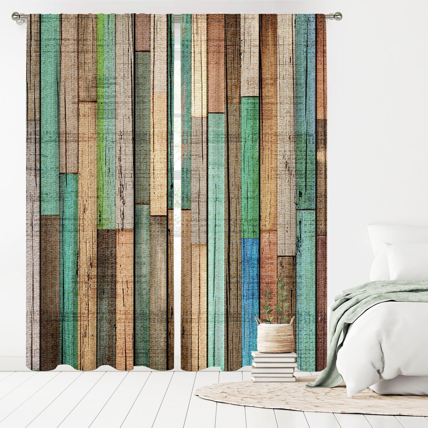 MESHELLY Farmhouse Teal Grey Barn Door Curtains 52Wx84H Inch Rod Pocket Rustic Wood Western Vintage Rural Green Wooden Plank Cabin Bedroom Window Drapes Country Printed Living Room Window Treatment