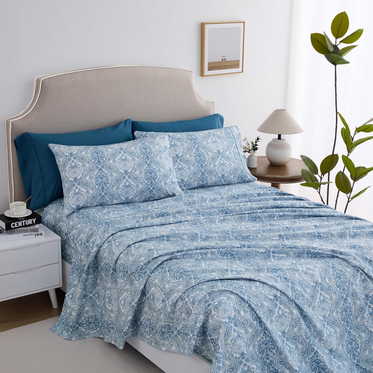 Spirit Linen home 6-Piece Queen Size Bed Sheet Set - Deep Pocket, Paisley Pattern, Soft and Breathable Bed Sheets, Microfiber Material, Includes 1 Fitted, 1 Flat, 4 Pillowcases - Cornett Blue Paisley