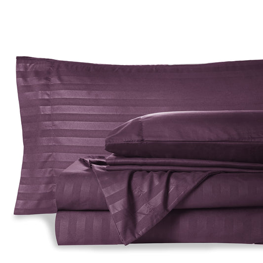Mocassi Queen Stripe Sheet Set - Luxury Hotel 1800 Premier Bedding Sheets & Pillowcases - Ultra Soft Breathable & Cooling Bed Sheets - Wrinkle Resistant - 6 Piece Set - Queen, Purple