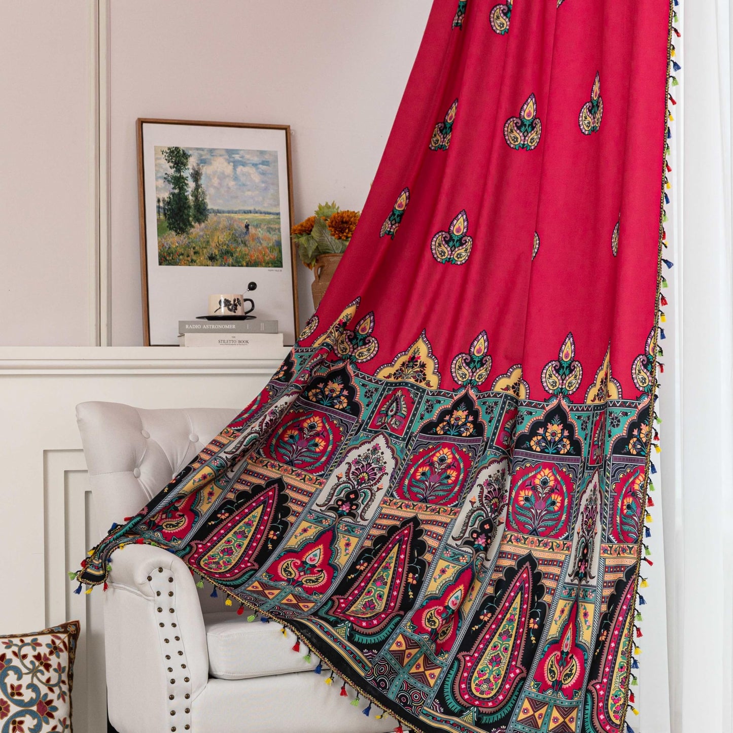 Erbnaryx Red Paisley Curtains 72 Inches Long, Boho Farmhouse Light Filtering Rod Pocket Drapes with Tassel Trim for Bedroom Living Room, 2 Panels