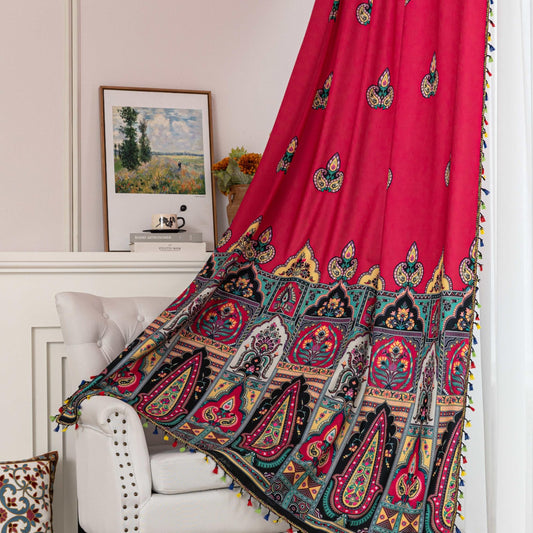 Erbnaryx Red Paisley Curtains 72 Inches Long, Boho Farmhouse Light Filtering Rod Pocket Drapes with Tassel Trim for Bedroom Living Room, 2 Panels
