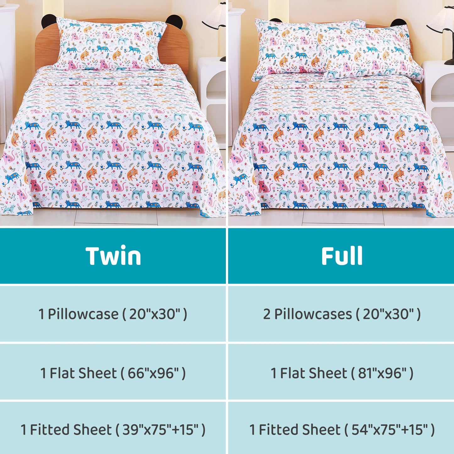 Viviland 3 Pieces Girls Pink Cat Twin Sheet Set - Soft Microfiber Fitted Flat Sheets & Pillowcase - Kids Colorful Floral Leaf Print Bedding Sets - for Kids & Toddlers