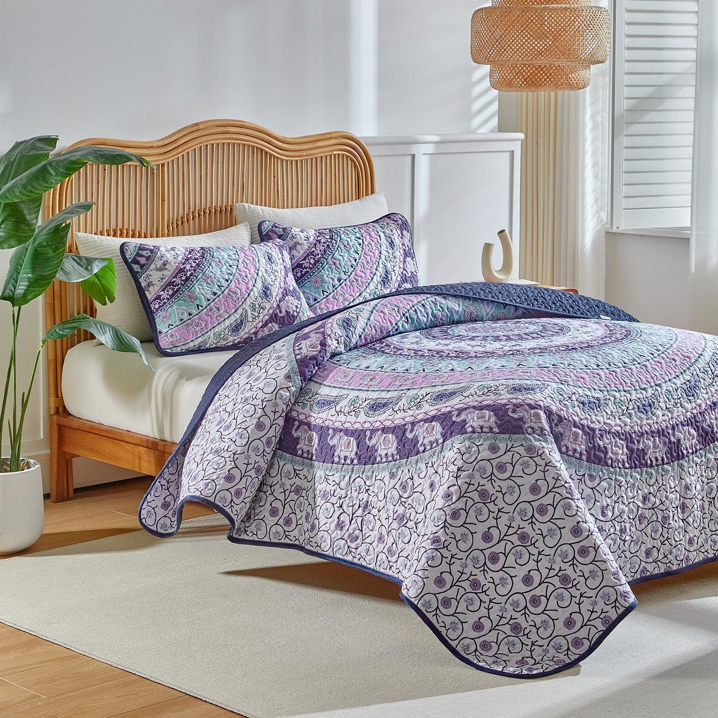 Boho Quilt Set Queen Size - Reversible Bohemian Quilt Bedding Set, 3 Pieces Colorful Lightweight Microfiber Bedspread Purple Elephant Paisley Circle Coverlet Set with 2 Pillow Shams for All Seasons
