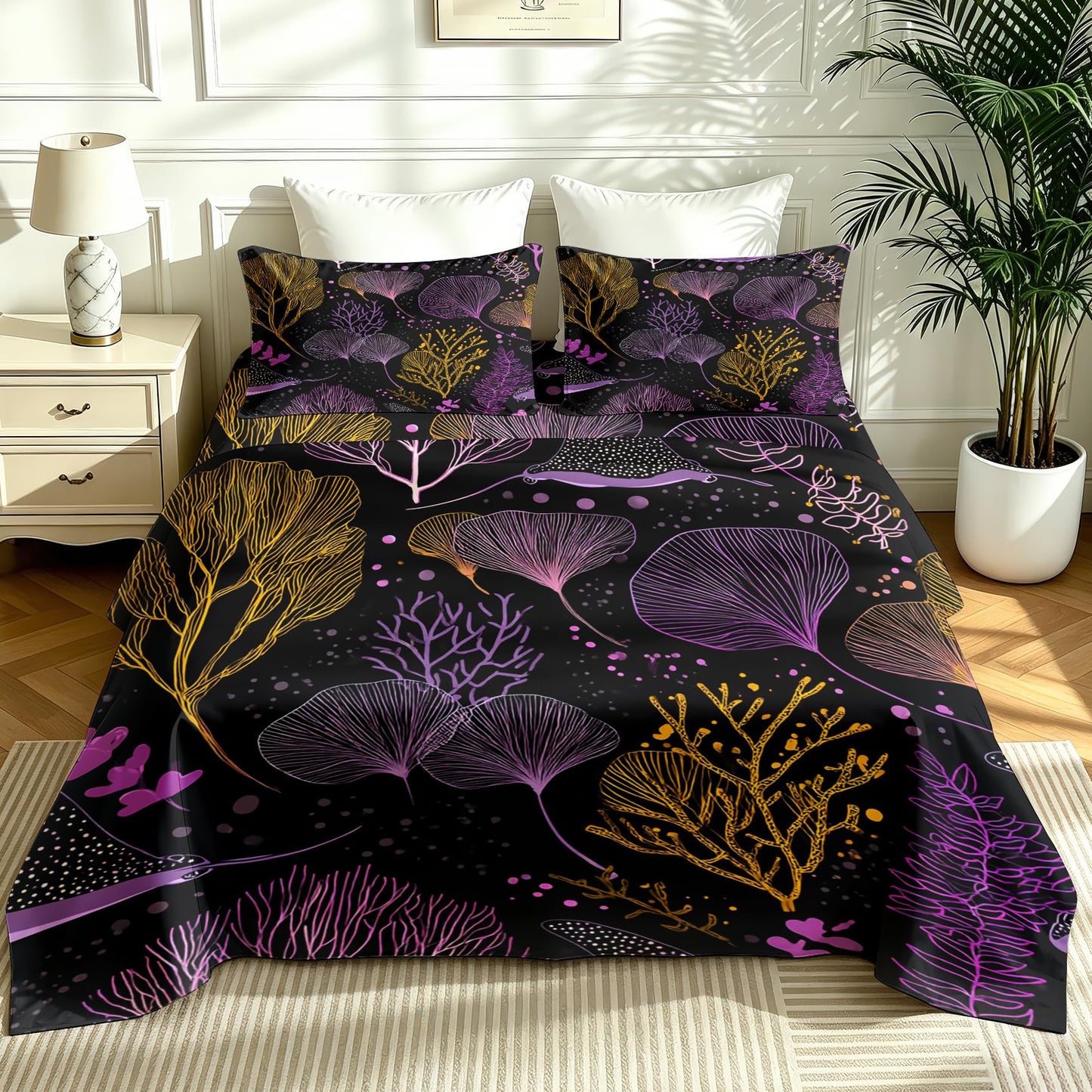 Coral Queen Sheet Set Neon Ocean Flat Fitted Sheet Sets