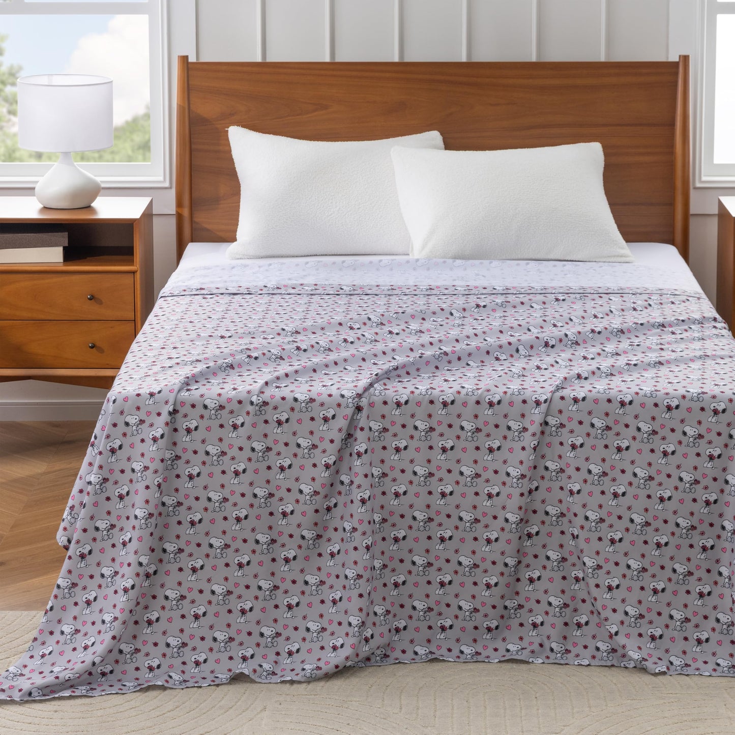 Berkshire Peanuts® Twin Flat Sheet (Only), Brushed Microfiber Sheet with Cute Snoopy Characters, Soft, Breathable, Easy-Care Bedding for Peanuts Fans, Love Blooms Light Grey
