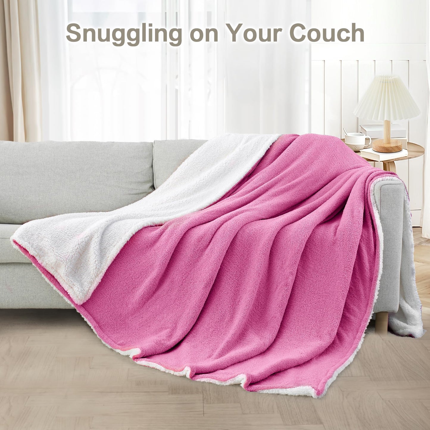 LONG CREATE Ultra Soft Sherpa Fleece Blanket 90"X 90" Queen Size, 480GSM Big Cozy and Warm Knit Throws for Winter, Fuzzy and Plush Reversible Thick Blankets for Couch Bed Sofa, Hot Pink