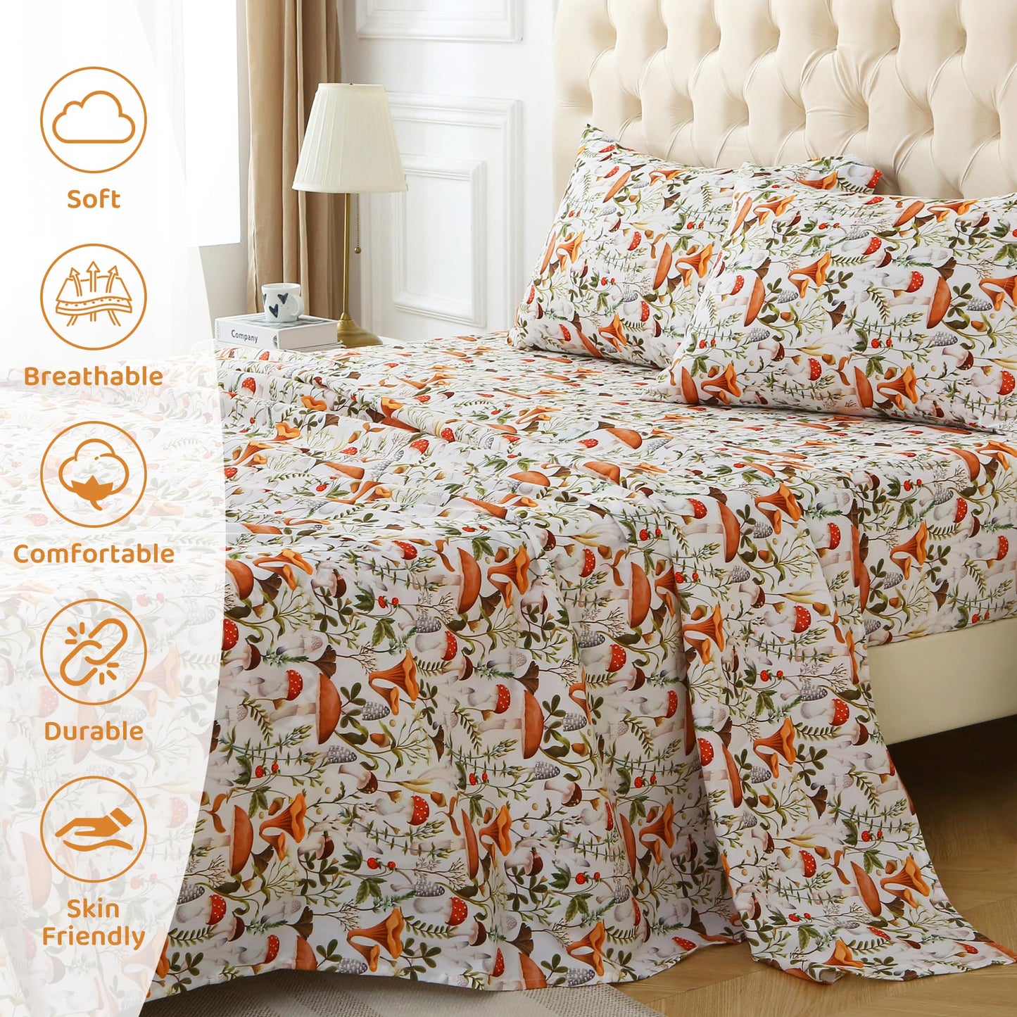 Mooreeke Cozy Vintage Microfiber Printed Twin Sheet Set - Soft & Breathable Mushroom Forest Bed Sheets with Extra Deep Pocket - Non-Slip Fitted Design - Jungle Mushroom Leaves Pattern - Twin