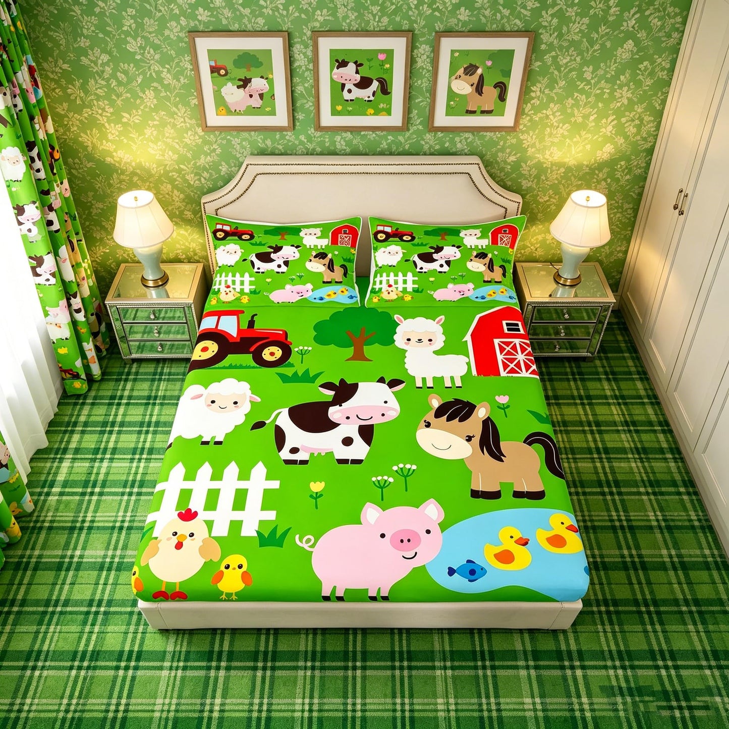 Manfei Farm Animals Kids Fitted Sheet Twin Size, Cow Horse Pig Hen Chicken Sheep Bedding Set 2pcs for Boys Girls, Cartoon Animal Bed Cover with 1 Pillowcase, Soft Polyester Bedding, No Top Sheet
