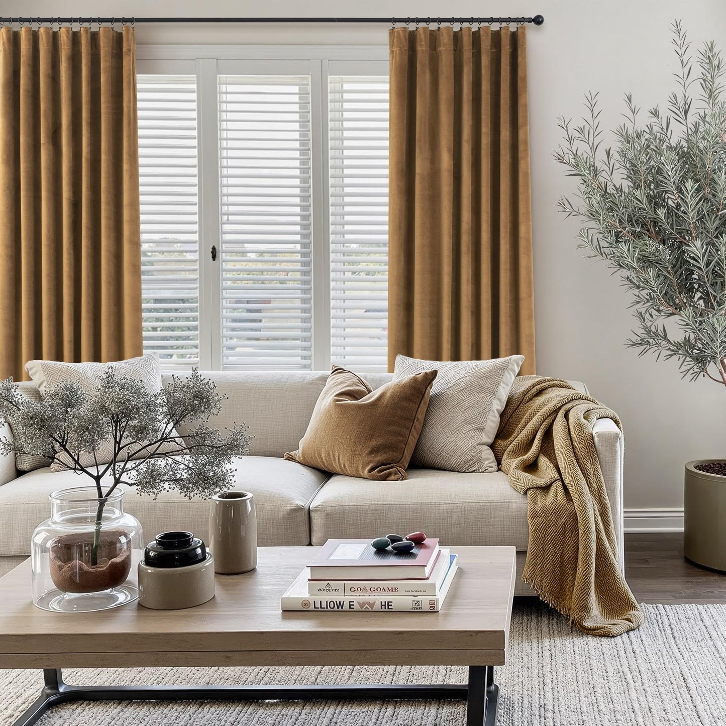Velvet Curtains 84 Inch Length 2 Panels Set Gold Brown Light Blocking Thermal Insulated Room Darkening Window Drapes Soft Luxury Curtain for Living Room Bedroom Back Tab Pleated Pocket 7ft Long Golden