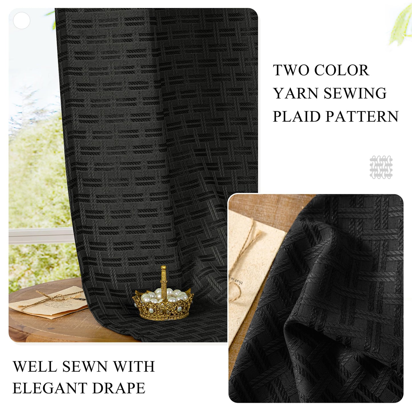 ChrisDowa Semi Sheer Linen Black Curtains 84 Inches Long 2 Panels for Living Room Dining Room Plaid Patterned Light Filtering Voile Grommet Window Treatments Drapes Privacy Assured,52X84