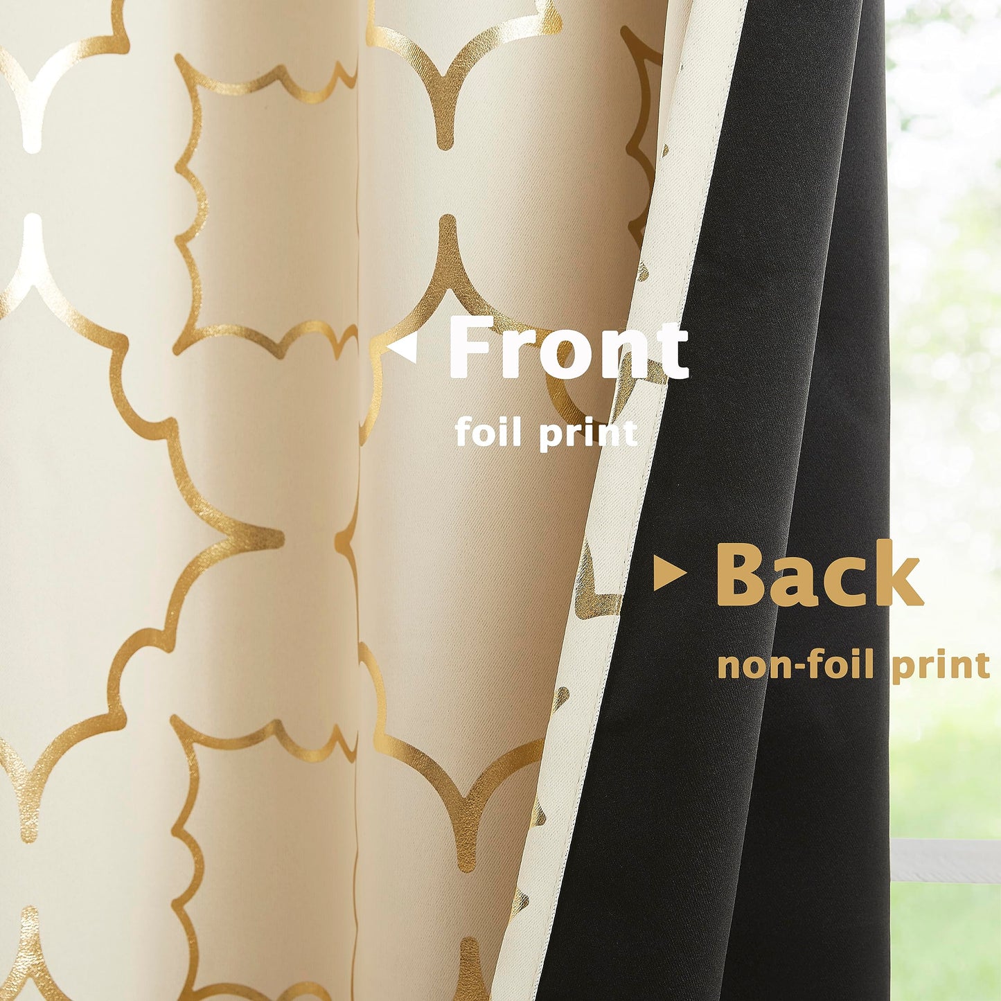 Purainbow Beige Blackout Curtain Panels for Bedroom 84" Gold Foil Moroccan Metallic Print Energy Efficient Drapes for Bedroom Living Room, Thermal Insulated Window Treatments Grommet Top 2 Panels