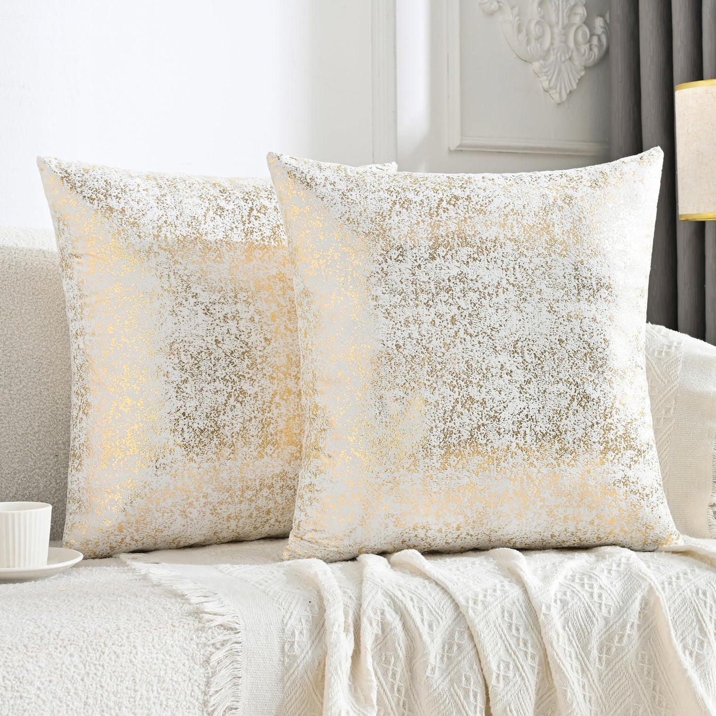JELLYMONI Sparkling Decorative Pillow Covers Set of 2, Gold Glitter Throw Pillows Cover 18 x 18 Inch for Living Room Bed Sofa Couch, Morden Home Luxury Decor(18x18in,Gold White)