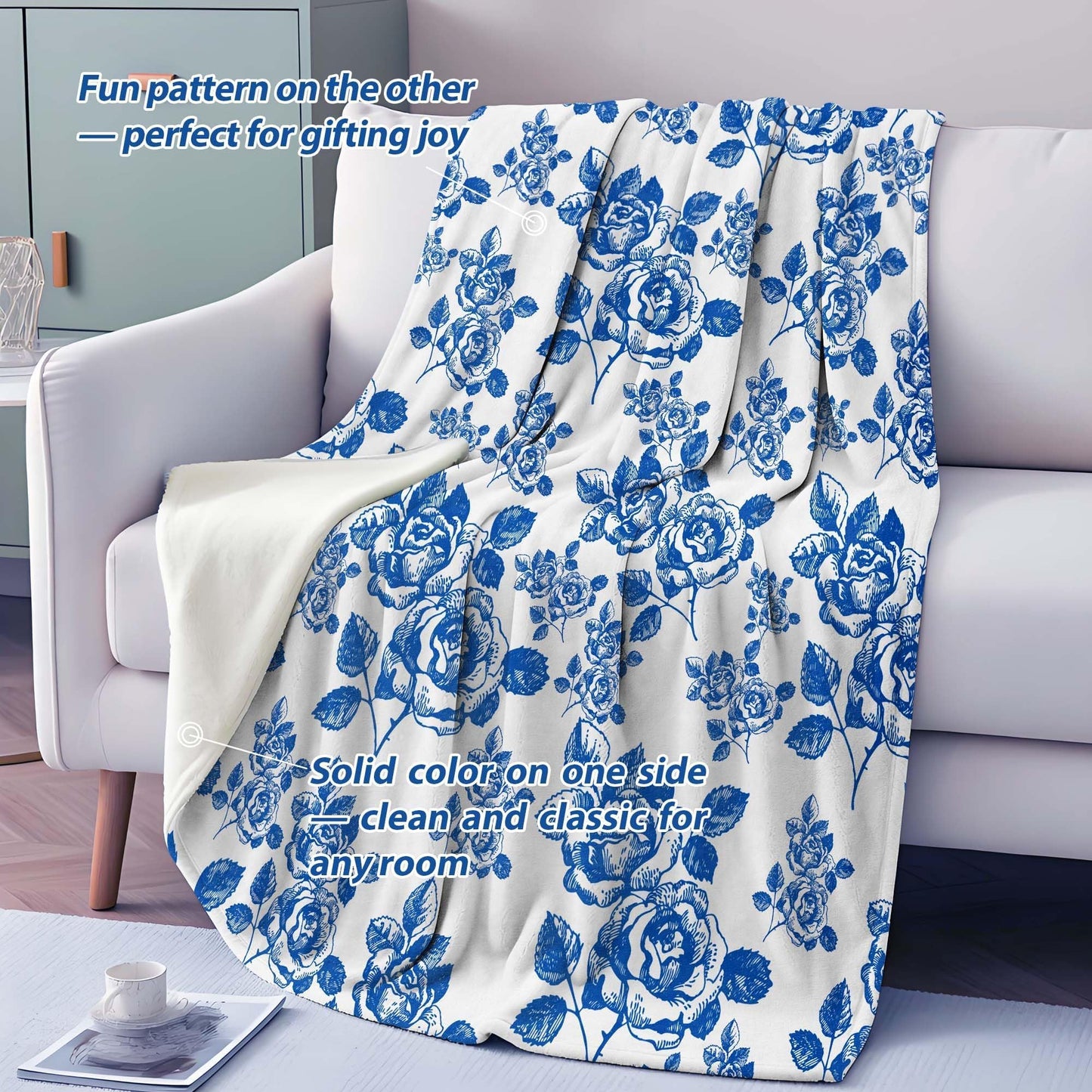 Pdvbiee Blue Floral Throw Blanket, French Country Chinoiserie, 50x60 in