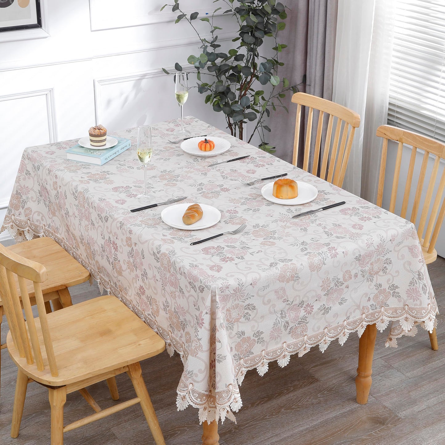 Walrus Heavy Duty Vinyl Tablecloth Elegant Floral Lace-Trimmed Tablecloth Vintage Flower Pattern, Waterproof Oil-Proof Plastic Table Cloth Stain-Resistant Wipeable(Floral Vintage, 60X60 Inch)