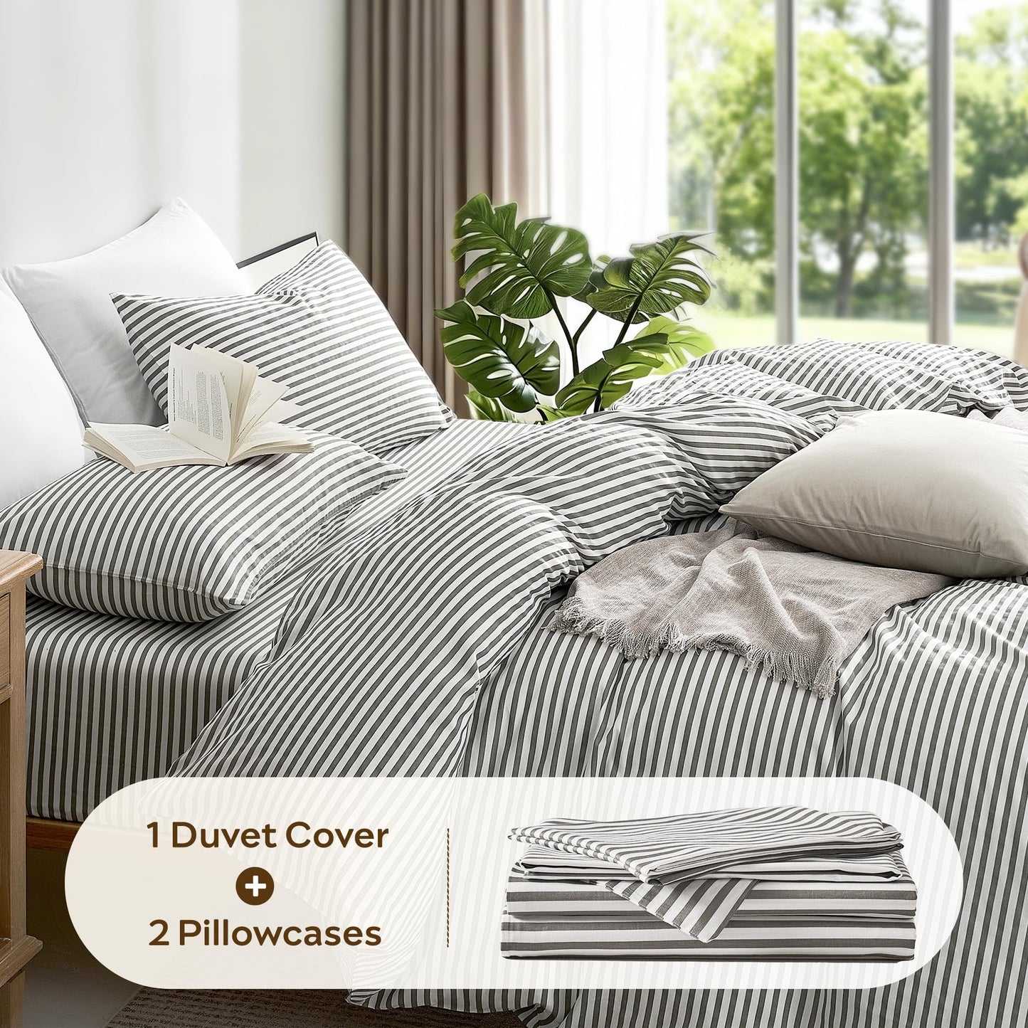 JELLYMONI 100% Natural Cotton 3pcs Striped Duvet Cover Sets,White Duvet Cover with Grey Stripes Pattern Printed Comforter Cover,with Zipper Closure & Corner Ties(Queen Size)