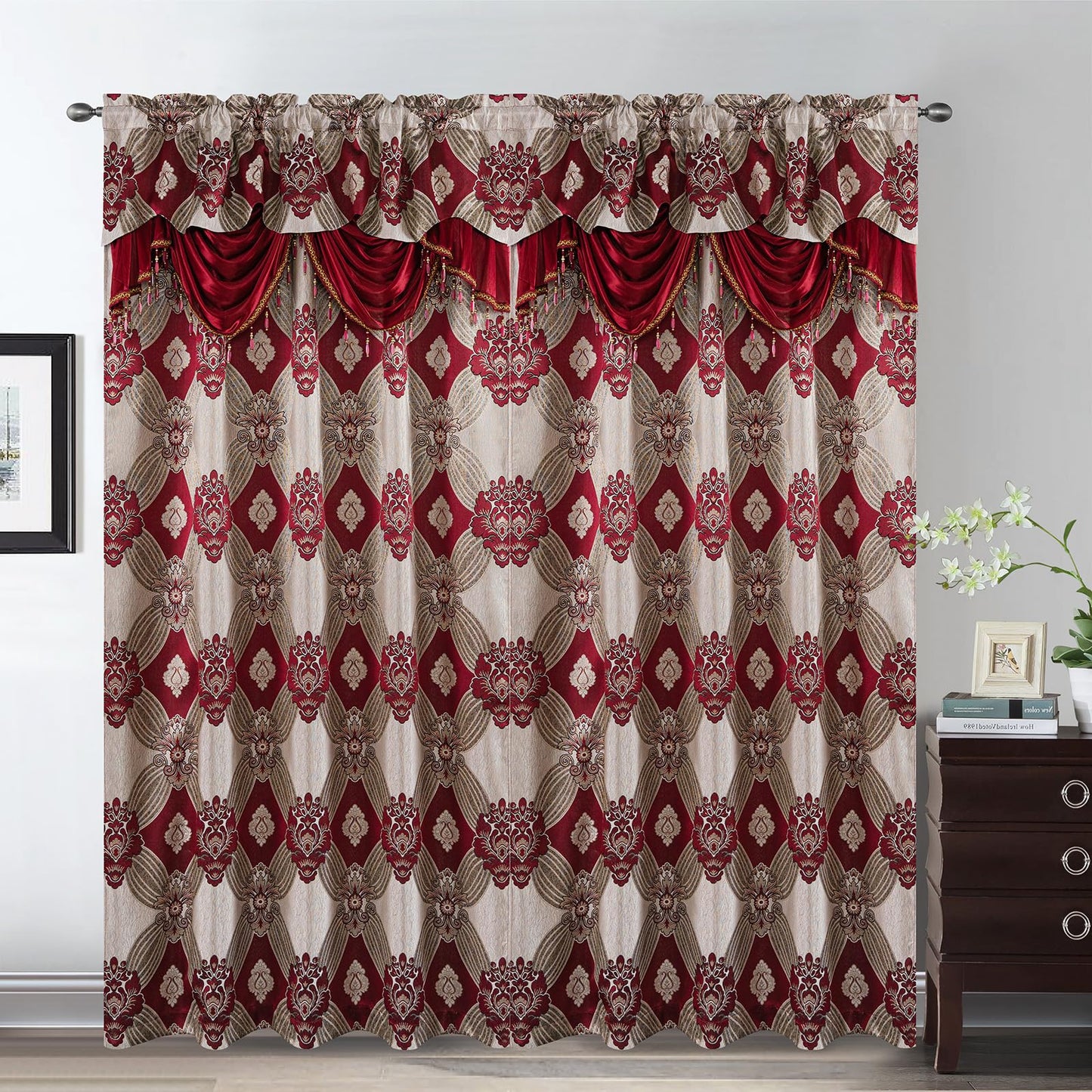 Petrichor Elegant Curtains with Gold Silver Threads 2 Panels Set - Luxury Window Treatment Attached Valance, Sheer Backing, and 2 Tie Backs for Bedroom and Living Room, 54x84 inches, Burgundy