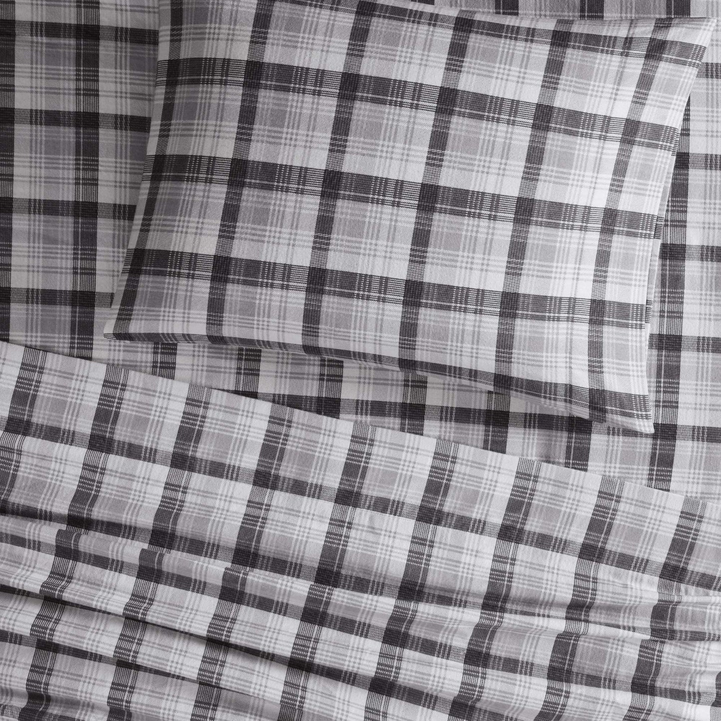 Woolrich Cotton Sheet Set Cottage Charms Print, 100% Cotton Flannel Sheets Warm & Fuzzy Bedding Set Queen Size Sheets, Fitted Pocket Fits Up to 14" Mattress, Queen Grey Plaid, 4 Piece