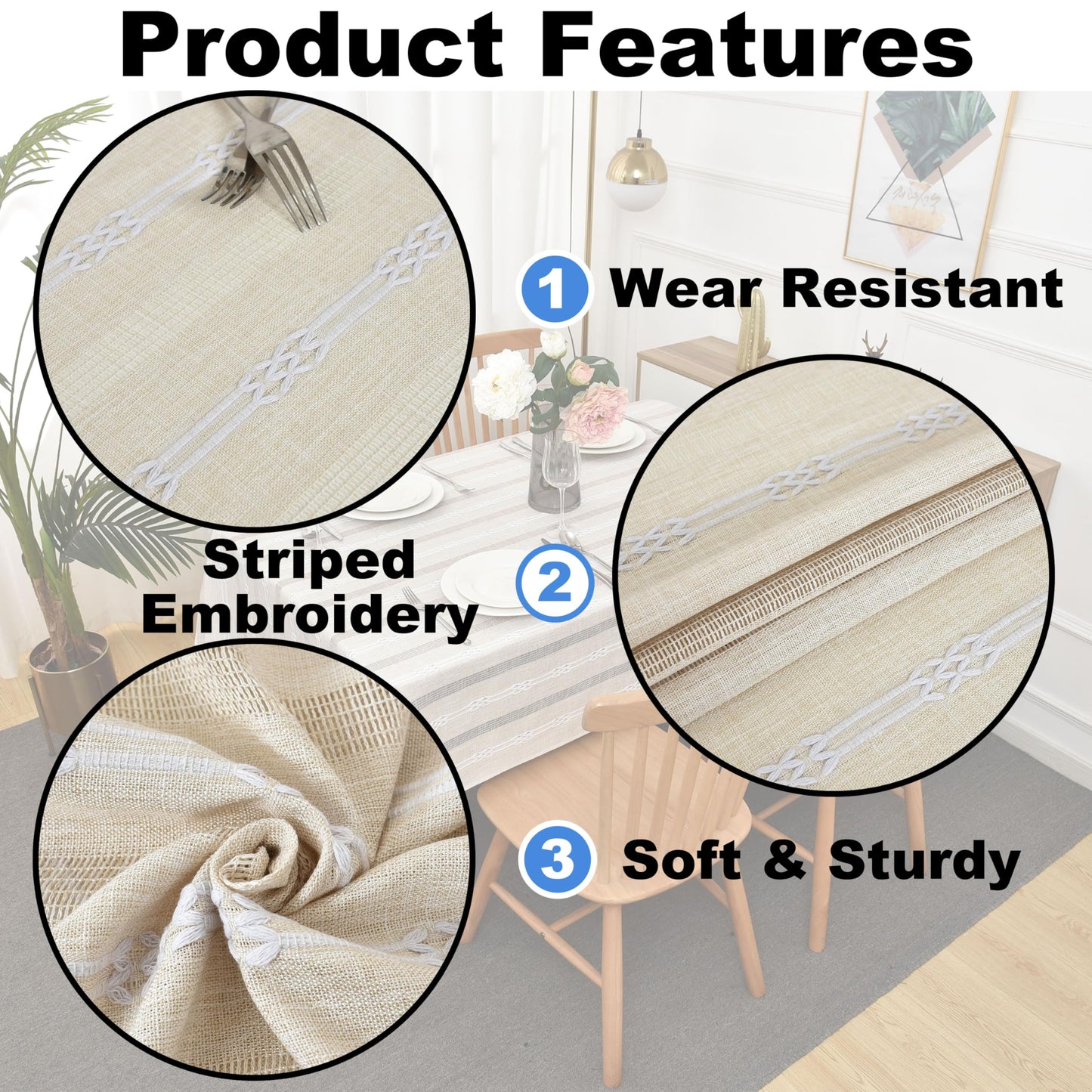 Limalred Rustic Striped Embroidery Rectangle Tablecloth, Openwork Heavy Weight Linen Wrinkle Resistant Table Cloth Coffee Table Cover for Kitchen Party Banquet Decor 36x55 Inch Beige