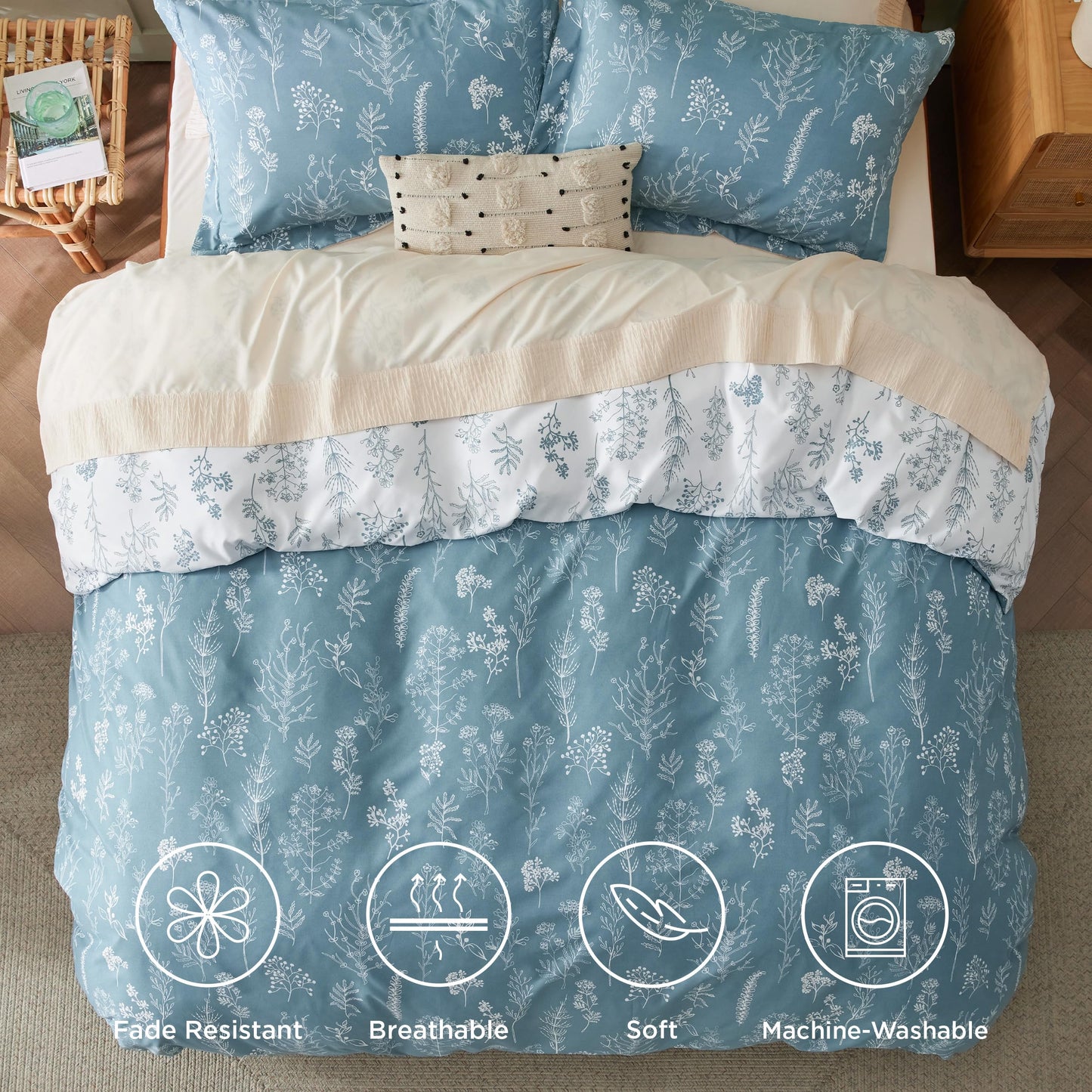 Bedsure Duvet Cover King Size - Reversible Mineral Blue King Duvet Cover Set with Zipper Closure, 3 Pieces Floral Patterned Bedding Set with 8 Corner Ties and 2 Pillow Shams