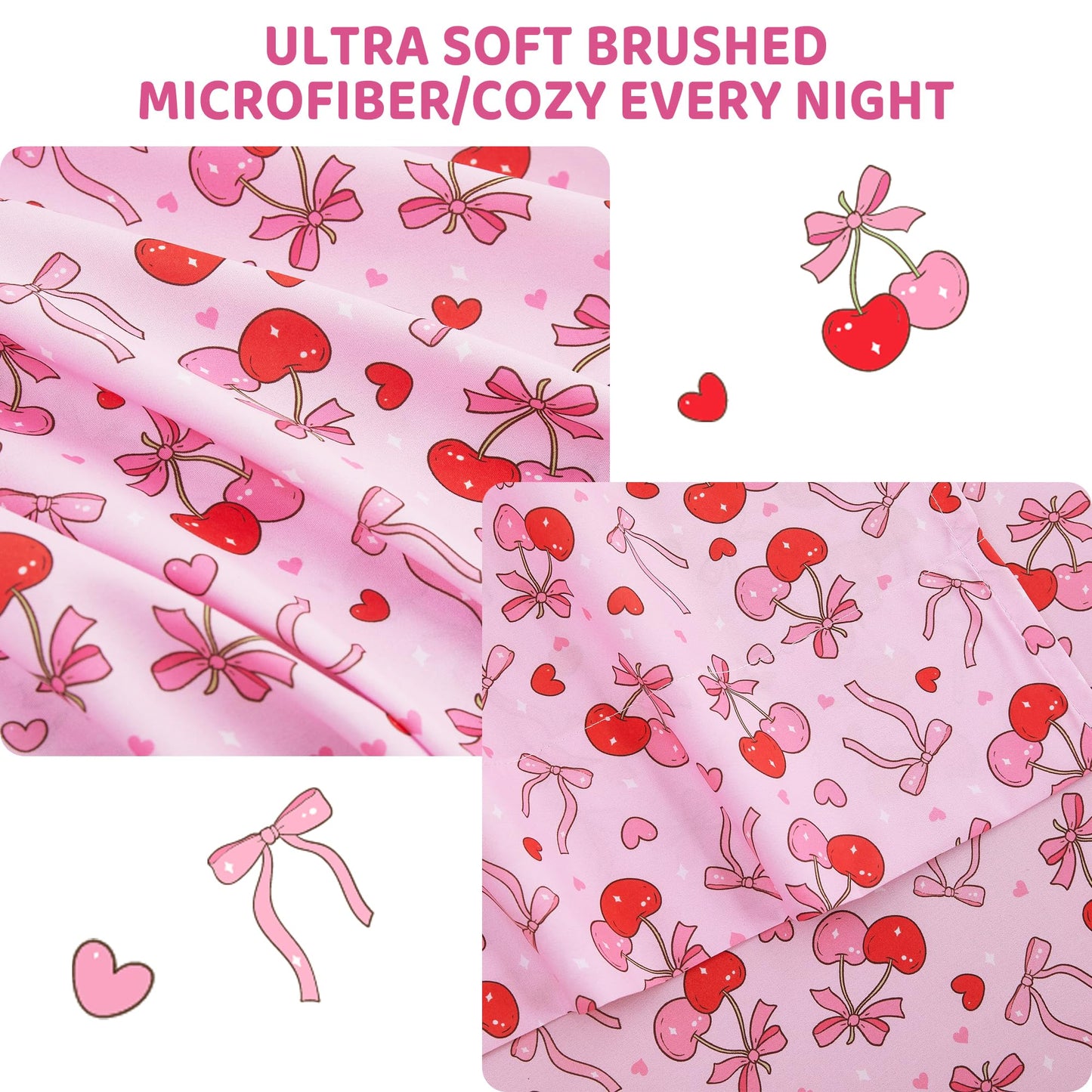 Viviland 3 Pieces Girls Bow Cherry Twin Sheet Set - Soft Microfiber Fitted Flat Sheets & Pillowcase Bed Sheet Set - Pink Bedding Sets for Kids