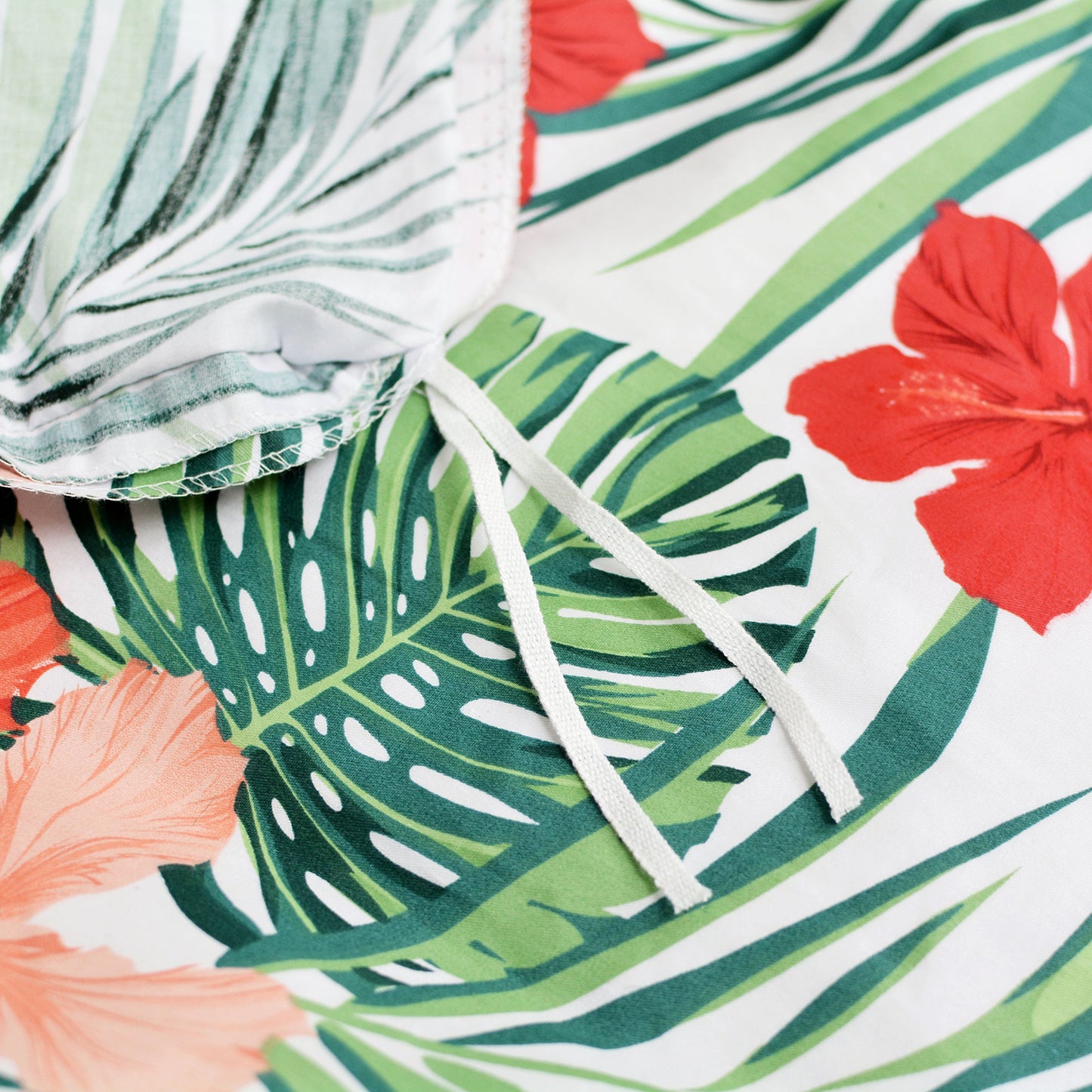 FADFAY Green Duvet Cover 100% Cotton Tropical Bedding Red Hibiscus Flower & Forest Green Palm Leaves Plants Watercolor Printed Zipper Closure Soft Breathable Girls Floral Bedding Set 3 Pcs, Full