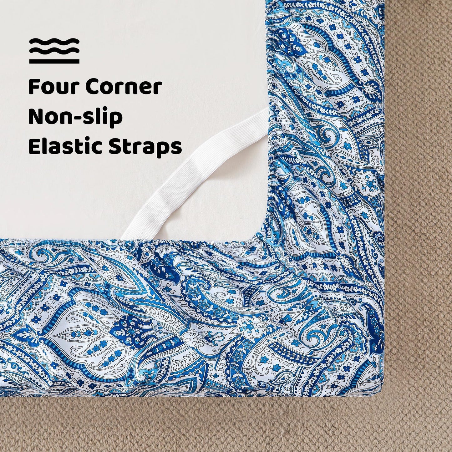 Softan Blue Paisley Printed Queen Size Sheet Set, Blue Floral Sheets Queen, Cozy Microfiber Fitted Sheet with 15" Deep Pocket & Non-Slip Straps, Flower Patterned Sheets & Pillowcase Sets