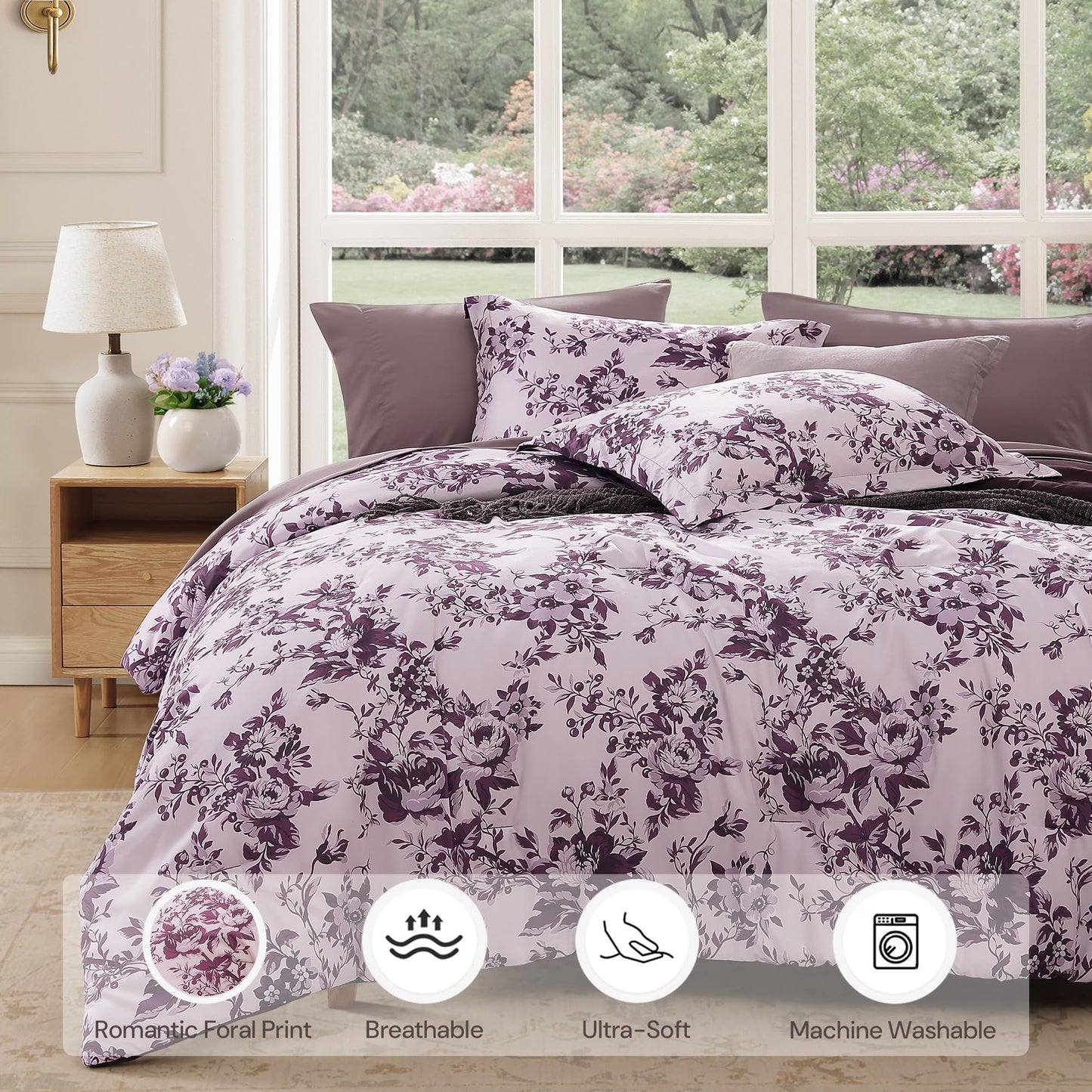 BLOOMHAVEN Queen Comforter Set -7 Pieces Deep Purple Floral Comforter Set for All Seasons, Bed in a Bag Queen with Botanical Flowers Comforter, Sheets, Pillowcases & Shams