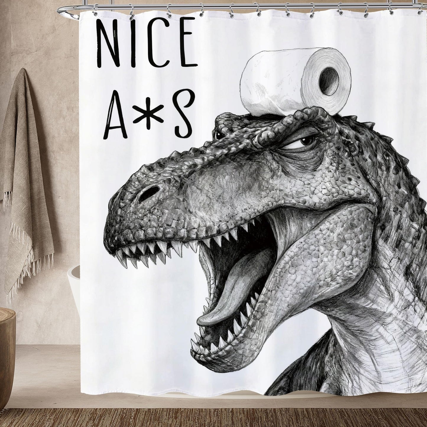 Opeoddie Funny Dinosaur Shower Curtain Black and White Fun Cute Animal Shower Curtains Set Cloth Fabric Dino Trex Raptor Whimsical Ridiculous Bathtub Curtain Teen Boys Kids Cool Bathroom Decor 60x72