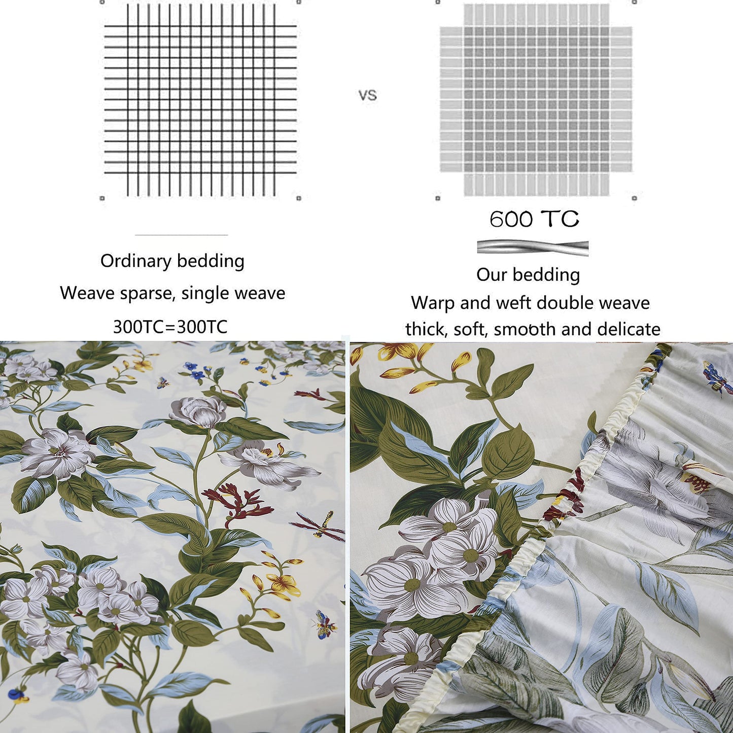 FADFAY Shabby Floral Sheets King 100% Cotton 600 TC White Flower and Green Leaves Bedding Vintage Garden Botanical Print Country Side Bed Sheet Soft Deep Pocket Sheet 17.5'',Beige