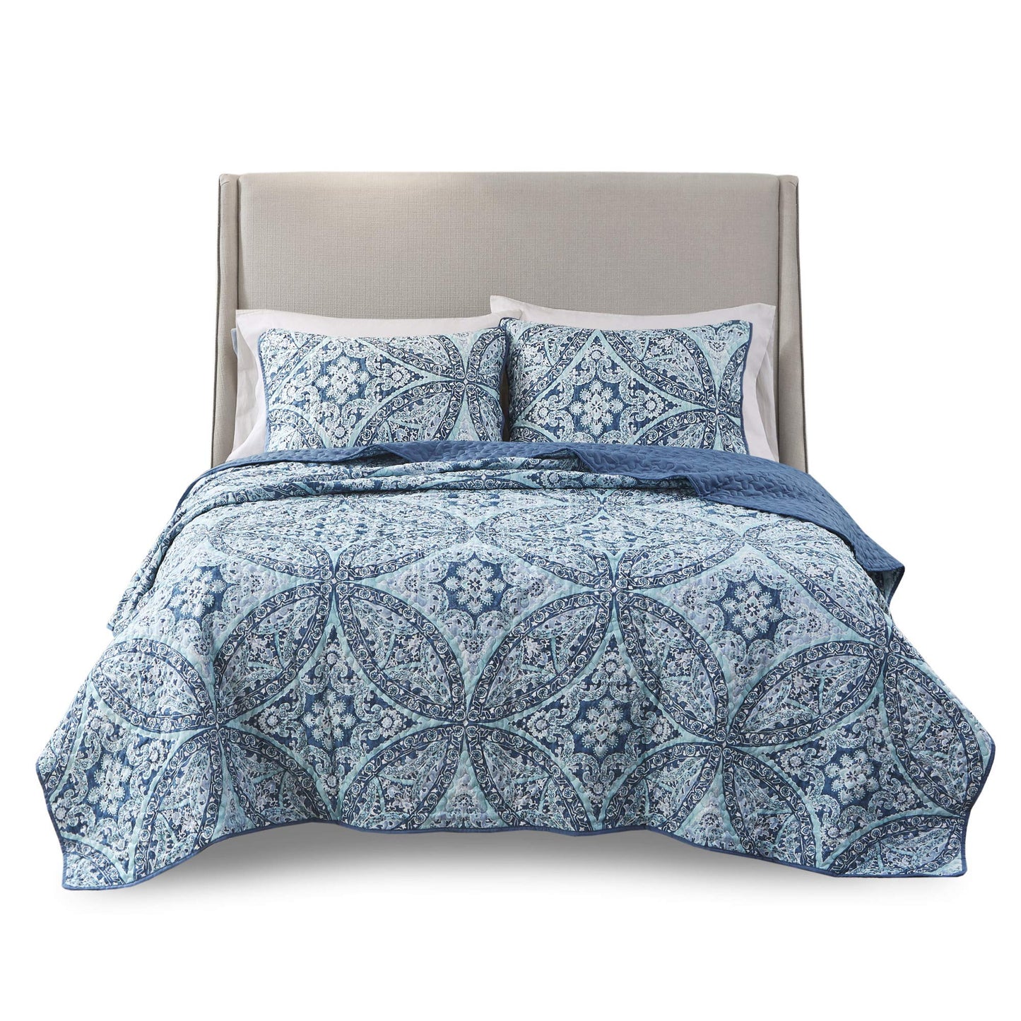 Comfort Spaces Reversible Quilt Set-Vermicelli Stitching Design All Season, Lightweight, Coverlet Bedspread Bedding, Matching Shams, Full/Queen (90 in x 90 in), Gloria Damask Aqua 3 Piece