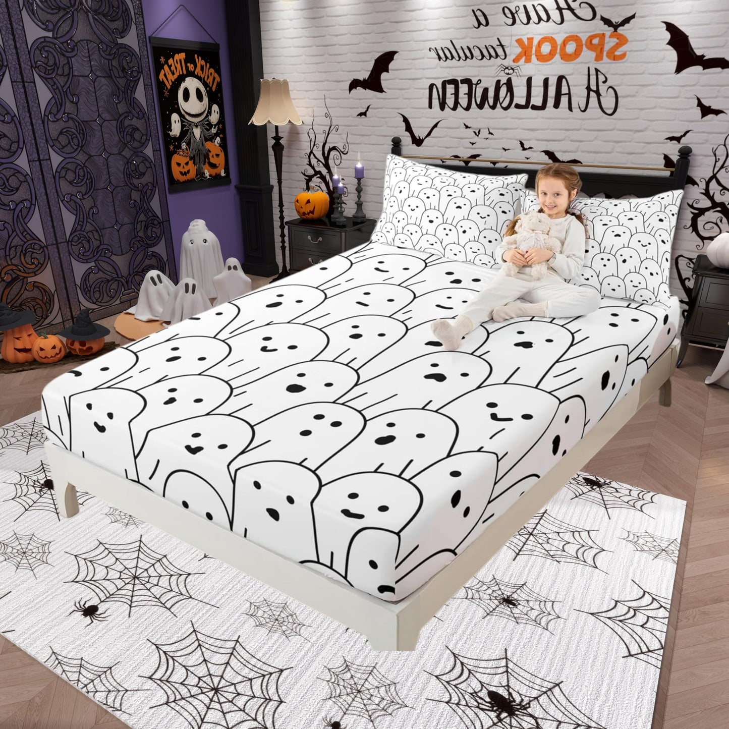 Castle Fairy Cute Ghost Fitted Sheet Queen Size Black and White Bedding Set Halloween Theme Sheet Set,Cartoon Ghost Bed Cover Ultra Soft Breathable Bedspread 3 Pcs for Kids Teens Boys No Flat Sheet