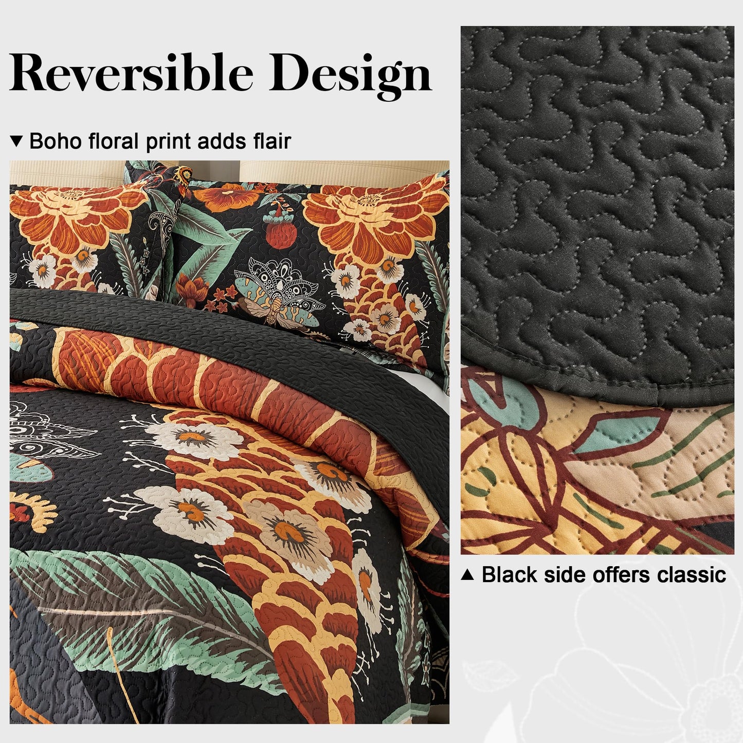 Tyrot 3 Piece Black Boho Floral Full/Queen Quilt Sets Reversible Farmhouse Botanical Lightweight Bedspread Coverlet with 2 Shams Butterfly Microfiber Bedding Quilts Set for All Season, 90''x96''
