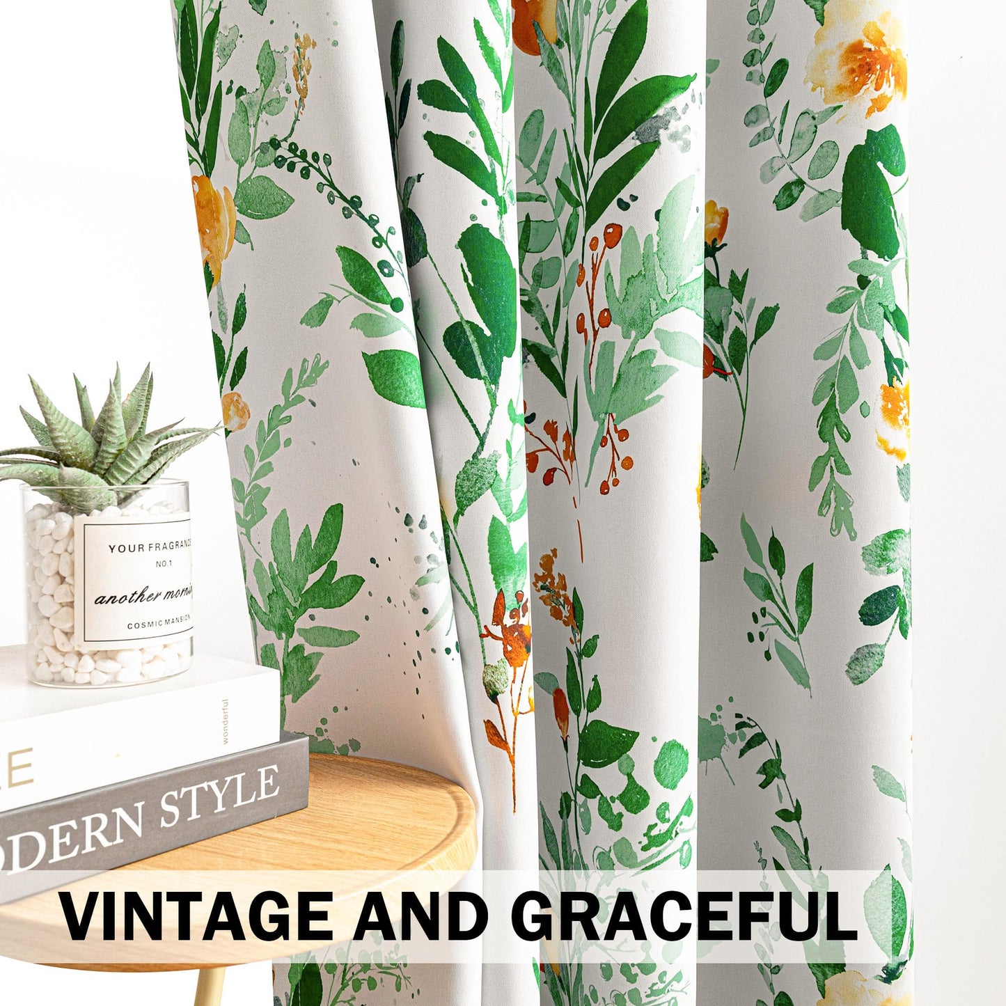 MYSKY HOME Sage Green Floral Blackout Curtains 84 inch Long 2 Panels for Living Room Bedroom Summer Flower Patterned Room Darkening Light Blocking Grommet Window Drapes, 52" W, Yellow and Green