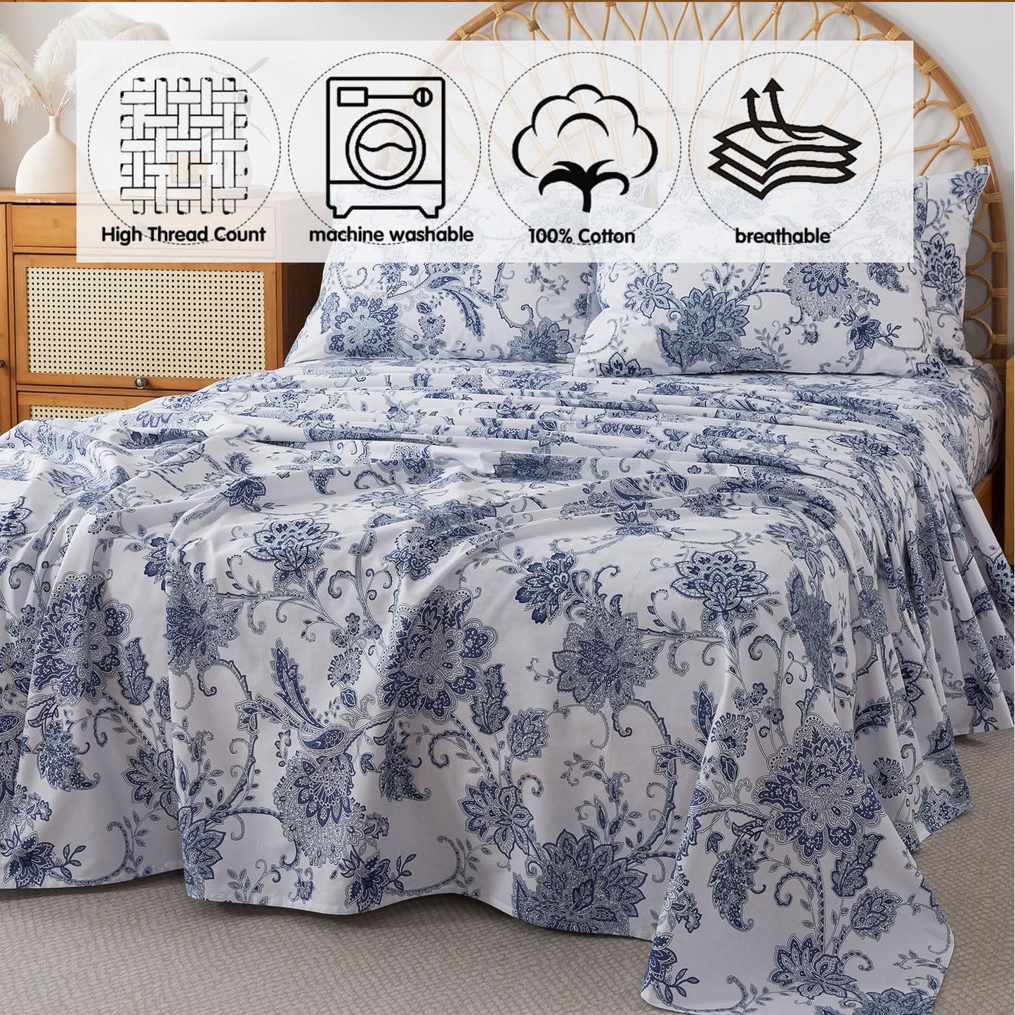 FADFAY King Sheets Set Percale Cotton Floral Bed Sheets Deep Pocket Fitted Sheet, Luxury Blue Floral Pattern Classic European Style Bedding for All Season, Super Soft Crisp & Breathe,4Pcs