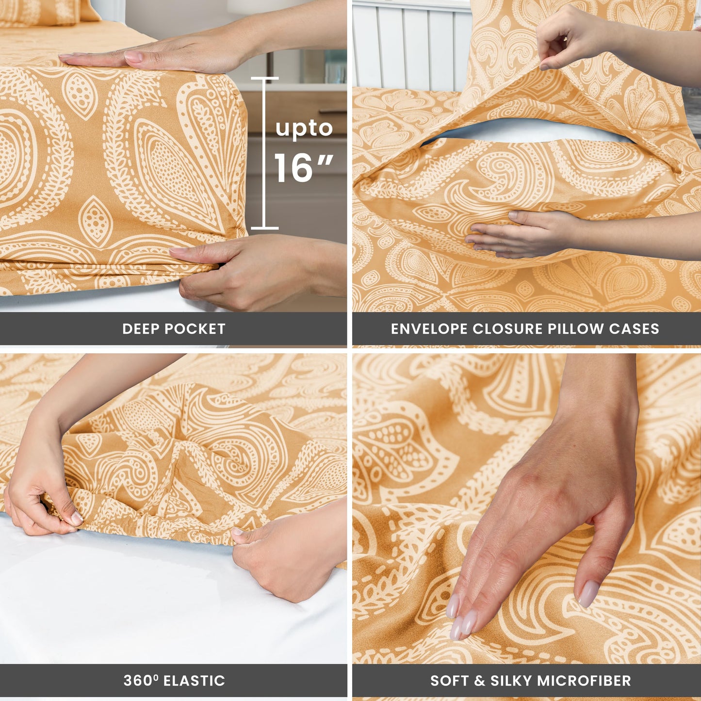 Ultra Soft Wrinkle-Free Microfiber Paisley Twin XL Sheet Set, Cute Floral Pattern Boho Print – 16" Deep Pocket Fitted Sheet, Flat Sheet & 2 Pillowcases, Breathable, OEKO-TEX - Taupe