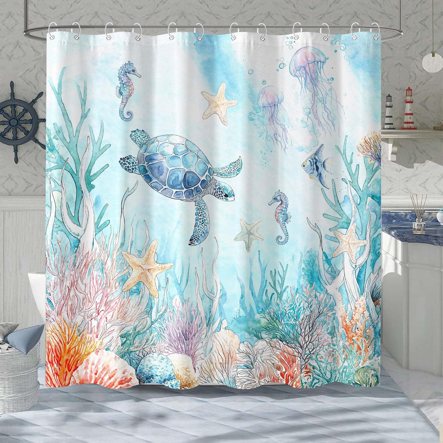 Sea Turtle Shower Curtain Sets Blue Turtles Coastal Shower Curtains for Bathroom Jellyfish Shell Coral Octopus Beach Ocean Style Aesthetics Decor Waterproof Fabric 72 x 72 inch with Hooks (Blue 9)