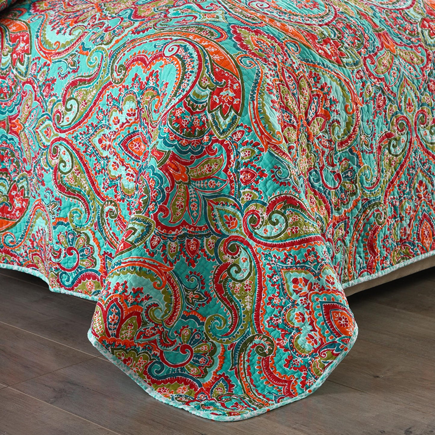 Etwel Lightweight Cotton Queen Size Quilt Set - Breathable Reversible Bedspread for Hot Sleepers, Farmhouse Floral Bedding Set with 2 Pillow Shams for All Season (90"x98", Crown Teal)