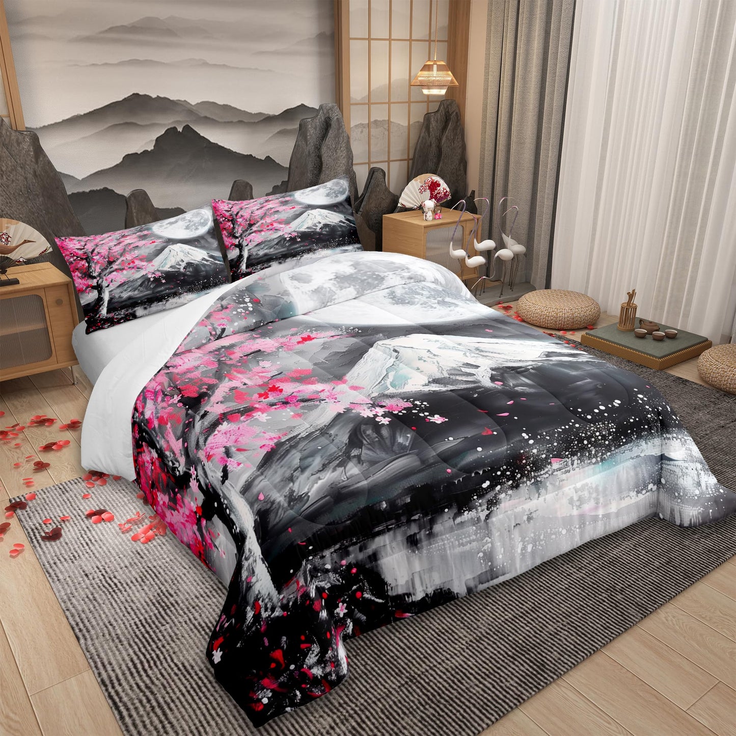 Castle Fairy Japanese Ukiyoe Comforter Set Twin Size,Fuji Mountain Scenery Quilt Set for Kids Girls Boys Home Room Decor Pink Cherry Blossoms Tree Bedding Set Retro Oil Painting Art Duvet Insert 2pcs