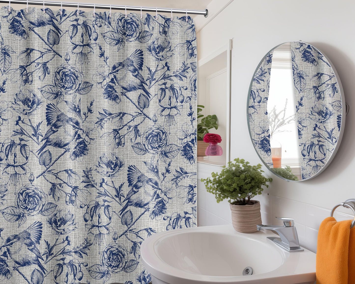 DLTAY Navy Blue Vintage Botanical Shower Curtain, 70x72 Inch