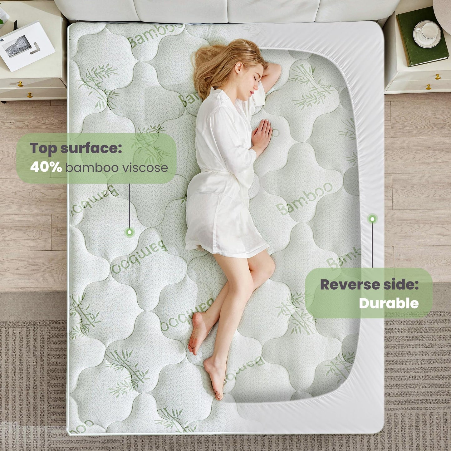 BDEUS Queen Mattress Topper Viscose Derived from Bamboo Extra Thick Mattress Pad, Ultra Soft Cooling Mattress Protector Cover with 21" Deep Pocket for Back Pain Relief